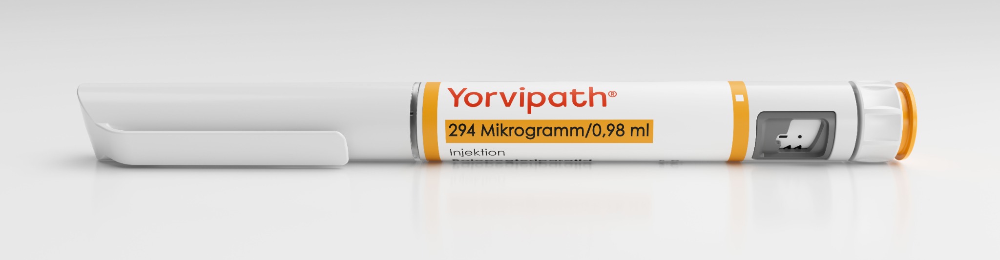 Yorvipath-Injektionspen in der Frontansicht vor hellem Hintergrund