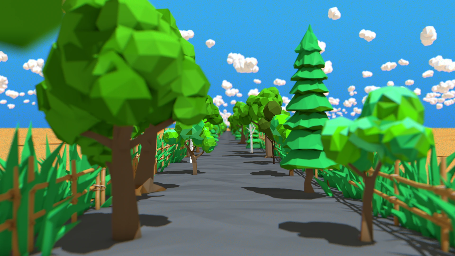 Low-Poly-Umgebung mit grünen Bäumen, einer Straße und weißen Wolken