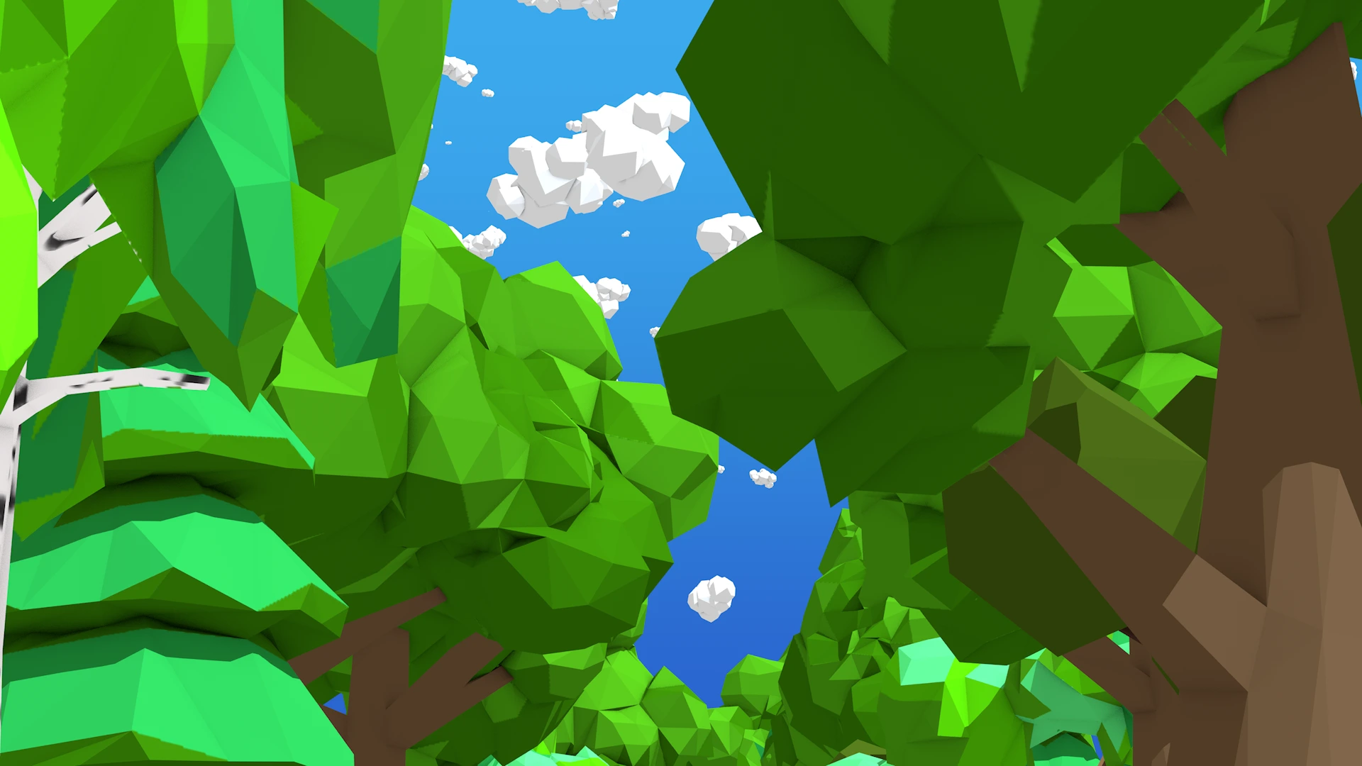 Low-Poly-Umgebung mit grünen Bäumen, einer Straße und weißen Wolken